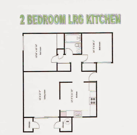Floor plan for 2 beds, 1 bath, 749 sqft